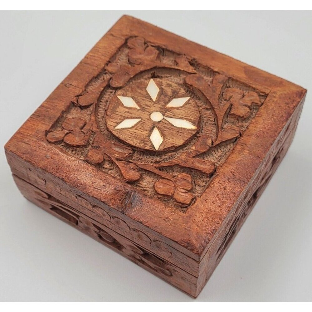Hand Carved Crafted Wooden Trinket Treasure Box 3" x 3" Keepsakes Boho Indie